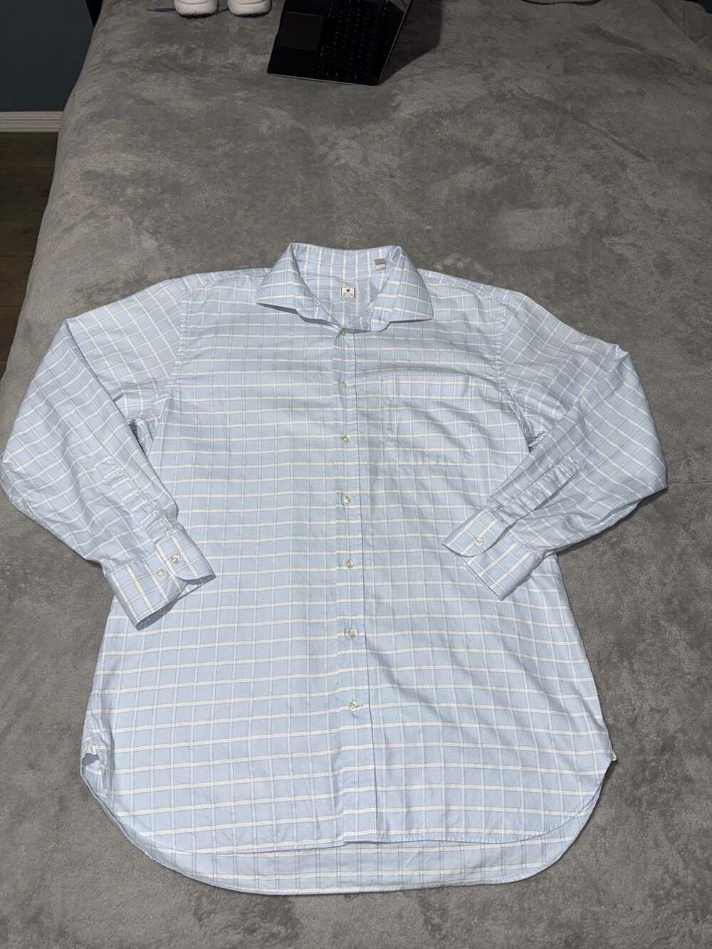 Peter Millar Men's Large Blue White Windowpane Check Long Sleeve Button Up Shirt